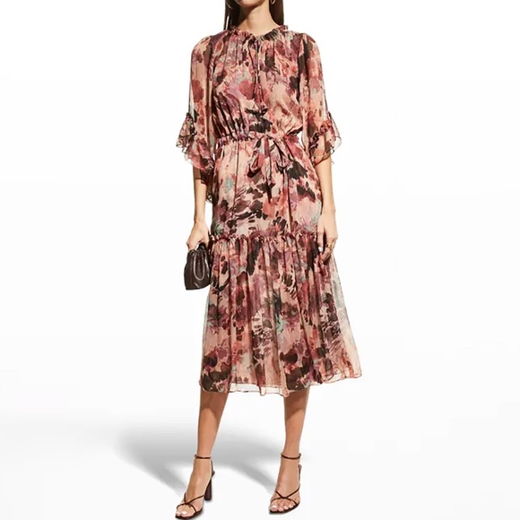 MISA Los Angeles Marcele Floral Midi Ruffle-Trim Dress Size Small